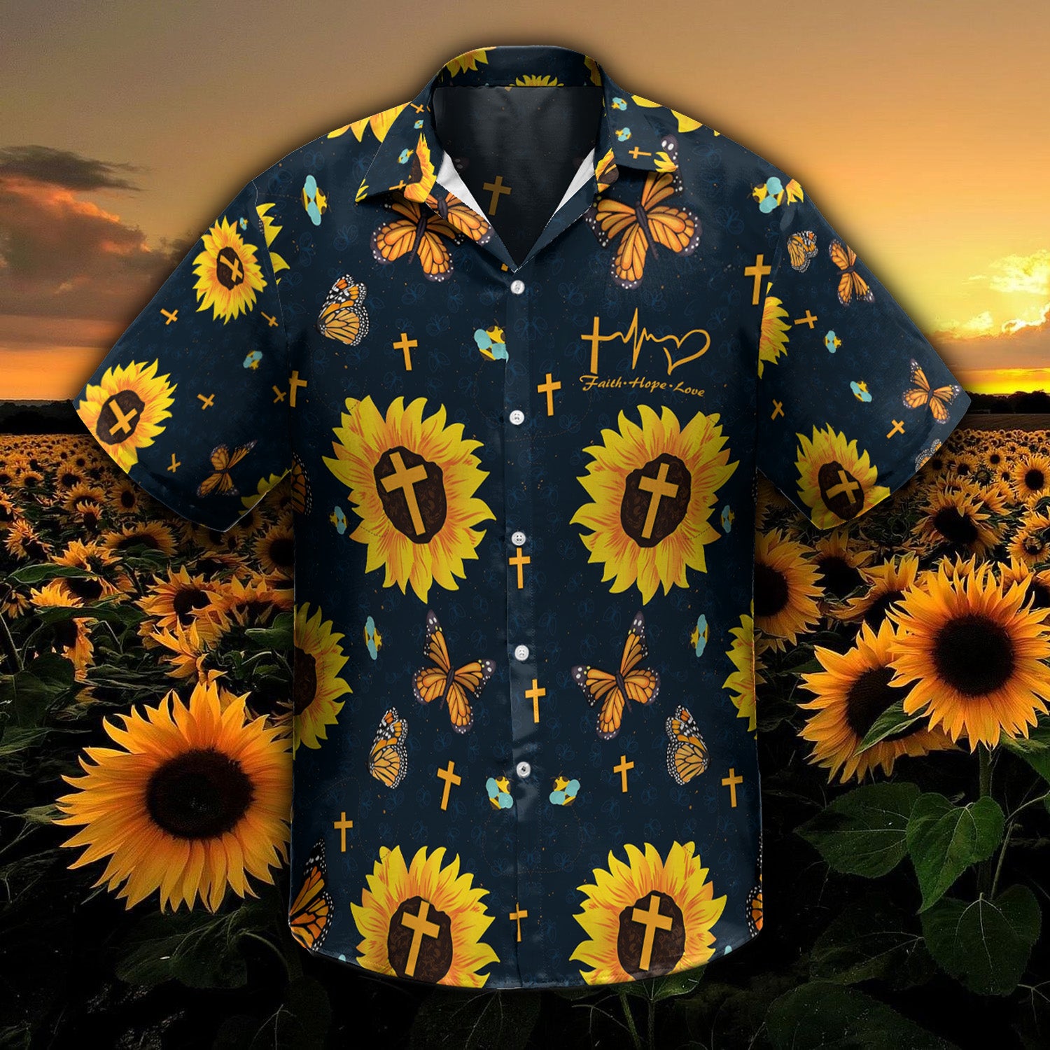 Cross Sunflower Butterfly Hawaii Shirt Km200720