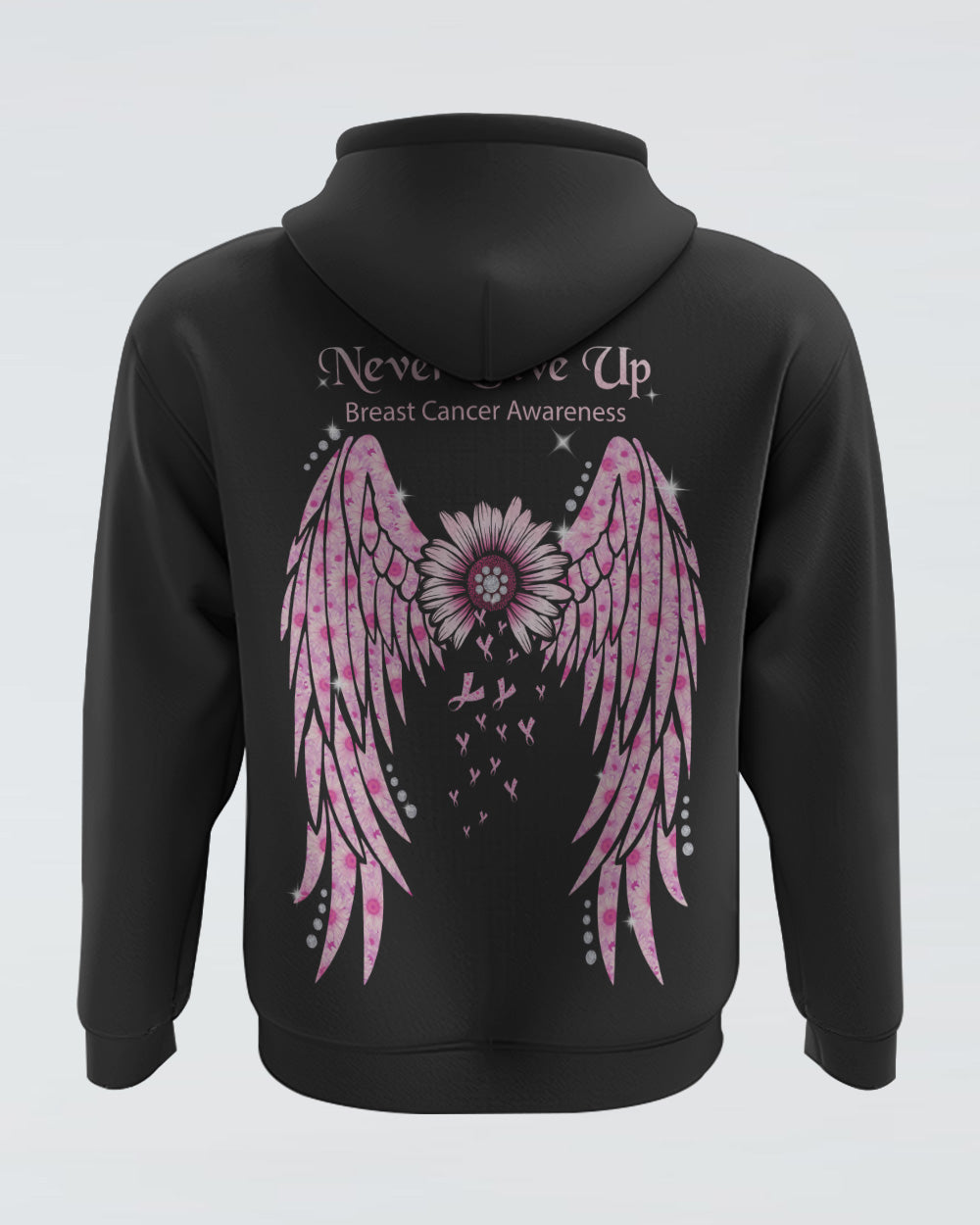 Never Give Up Pink Wings Daisy Women's Breast Cancer Awareness Hoodie