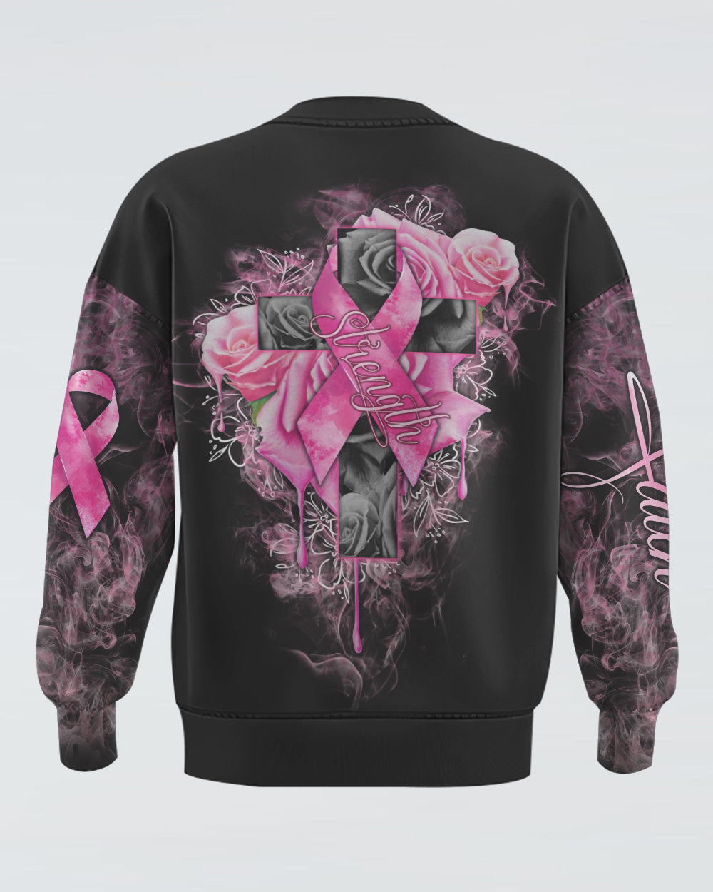 Strength Rose Cross Ribbon Women's Breast Cancer Awareness Sweatshirt