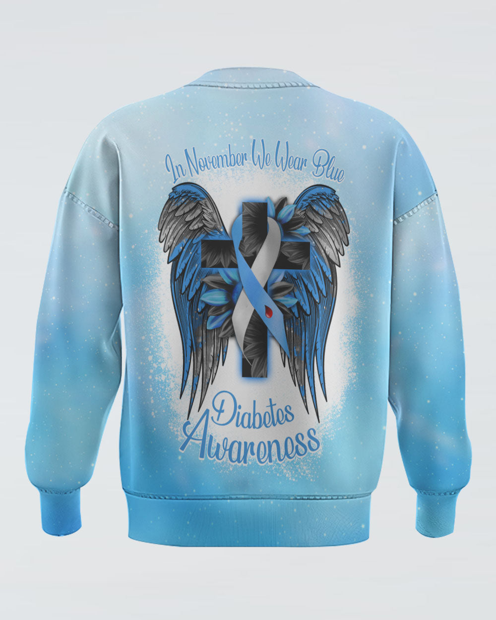 In November We Wear Blue Wings Sunflower Cross Bleached Women's Diabetes Awareness Sweatshirt