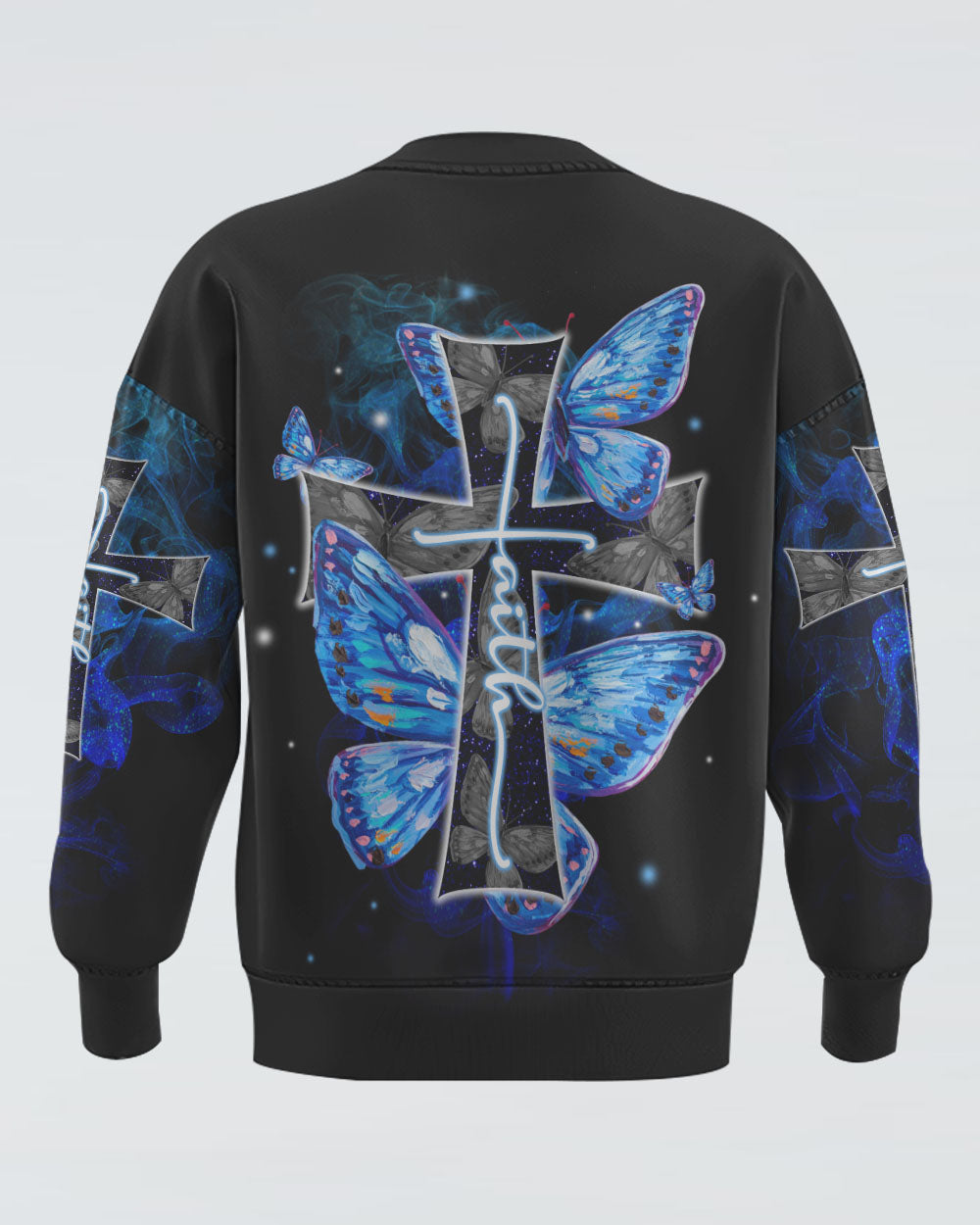Faith Cross Blue Butterfly Smoke Women's Christian Sweatshirt