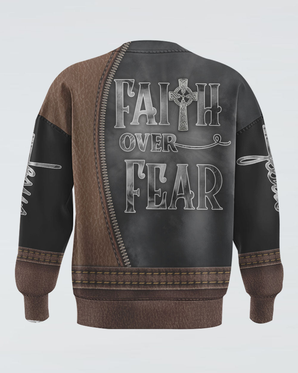 Faith Over Fear Jesus Cross Leather Men's Christian Sweatshirt