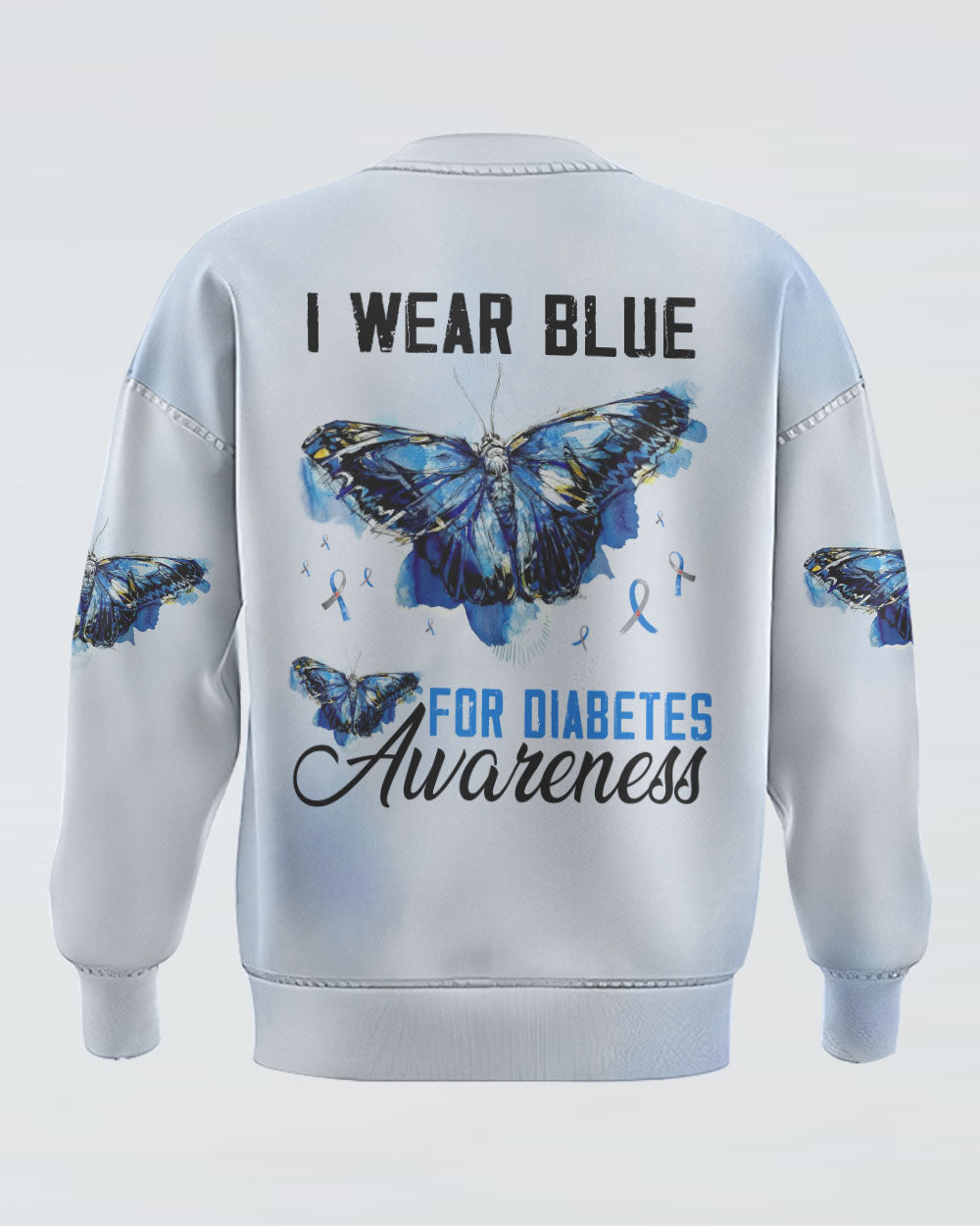 I Wear Blue For Diabetes Awareness Watercolor Butterfly Women's Diabetes Awareness Sweatshirt