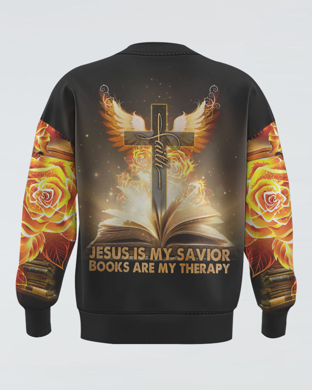 Jesus Is My Savior Books Are My Therapy Gold Faith Cross Women's Christian Sweatshirt