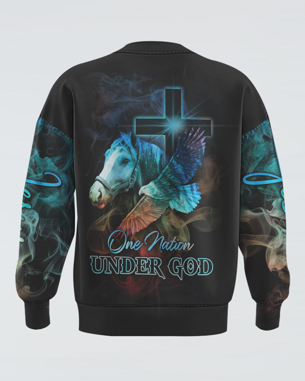 One Nation Under God Faith Horse Eagle Smoke Cross Women's Christian Sweatshirt