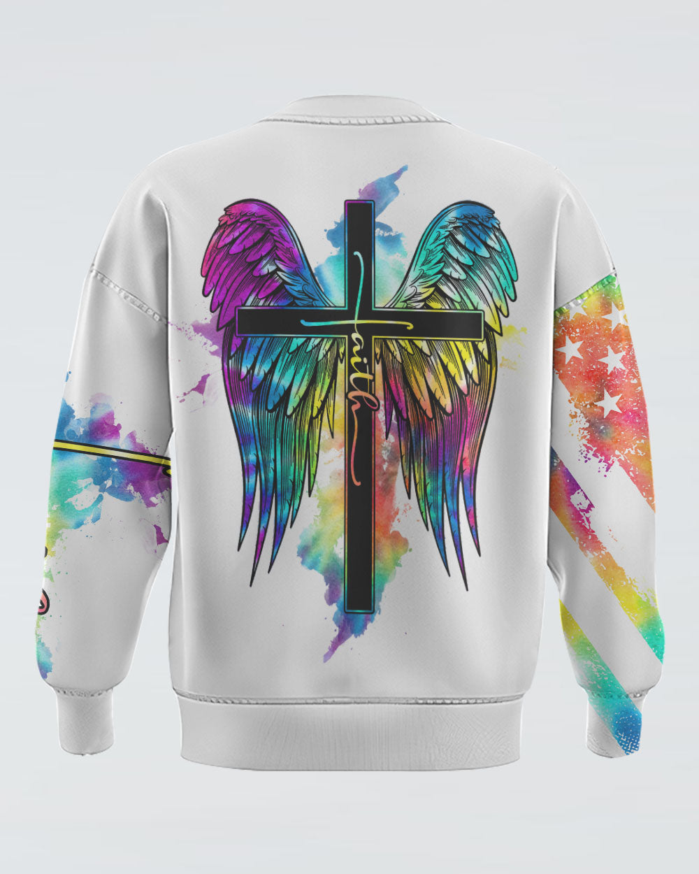 White Faith Cross Wings Colorful Watercolor Women's Christian Sweatshirt
