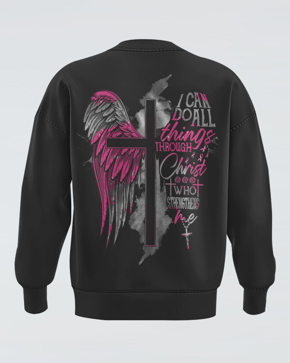 I Can Do All Things Through Christ Half Wings Cross Women's Breast Cancer Awareness Sweatshirt