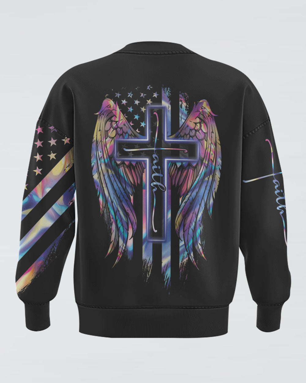 Faith Cross Wings Hologram Flag Women's Christian Sweatshirt