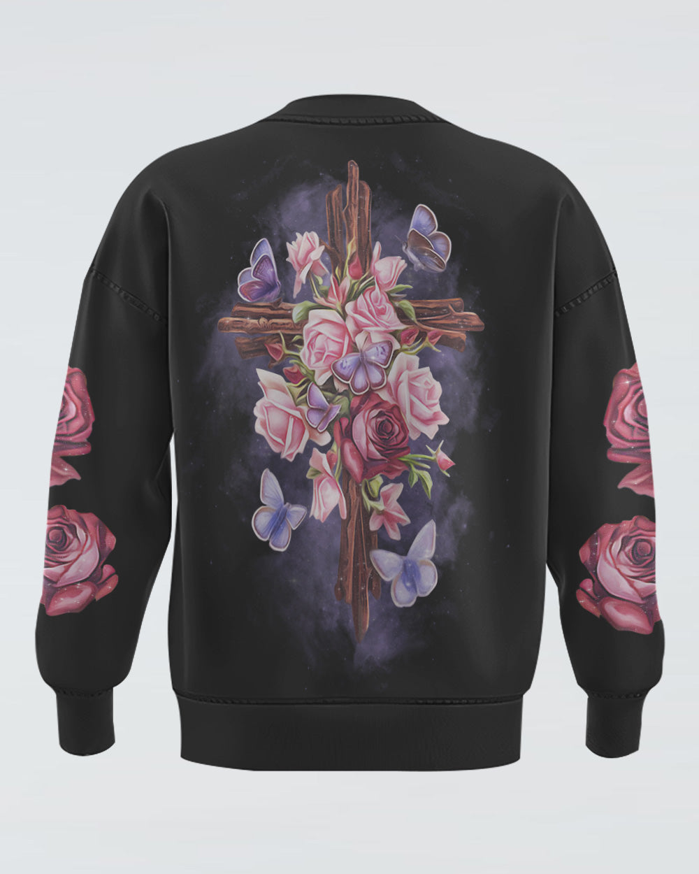 Rose Wood Cross Butterfly Women's Christian Sweatshirt