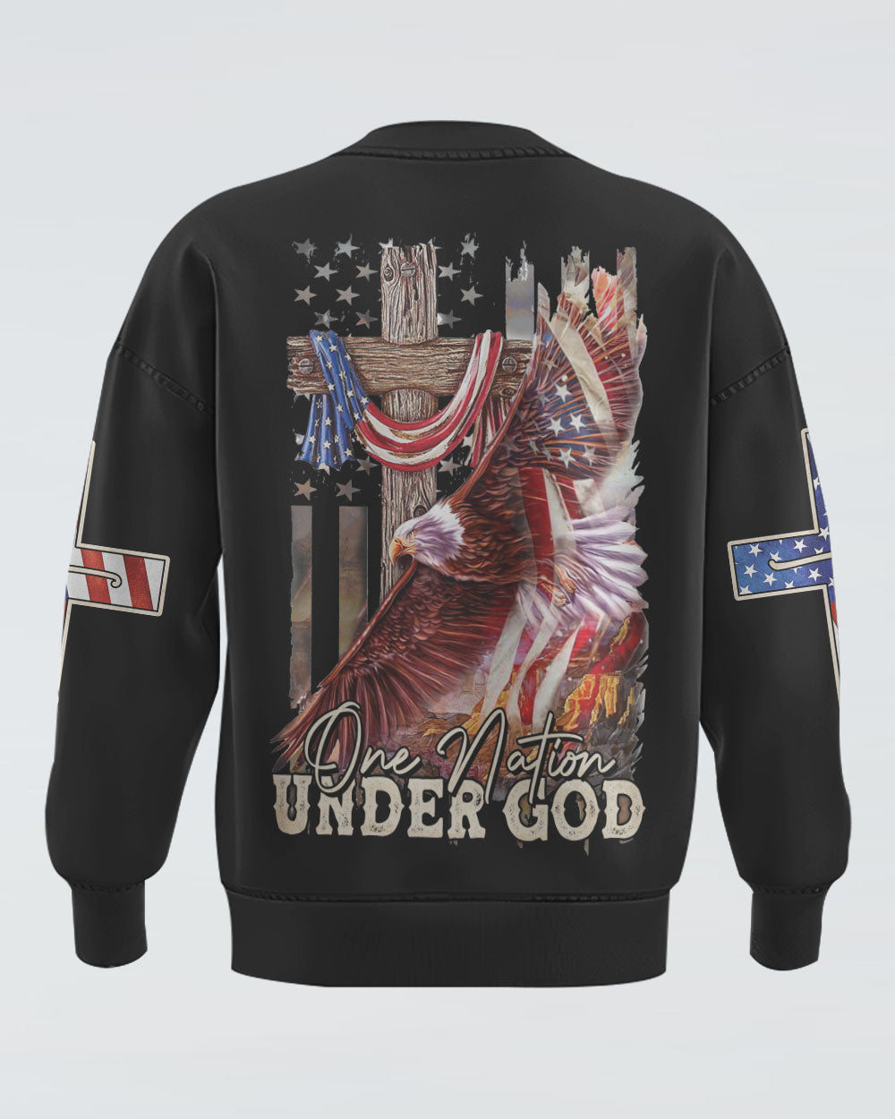 One Nation Under God Eagle Cross American Flag Women's Christian Sweatshirt
