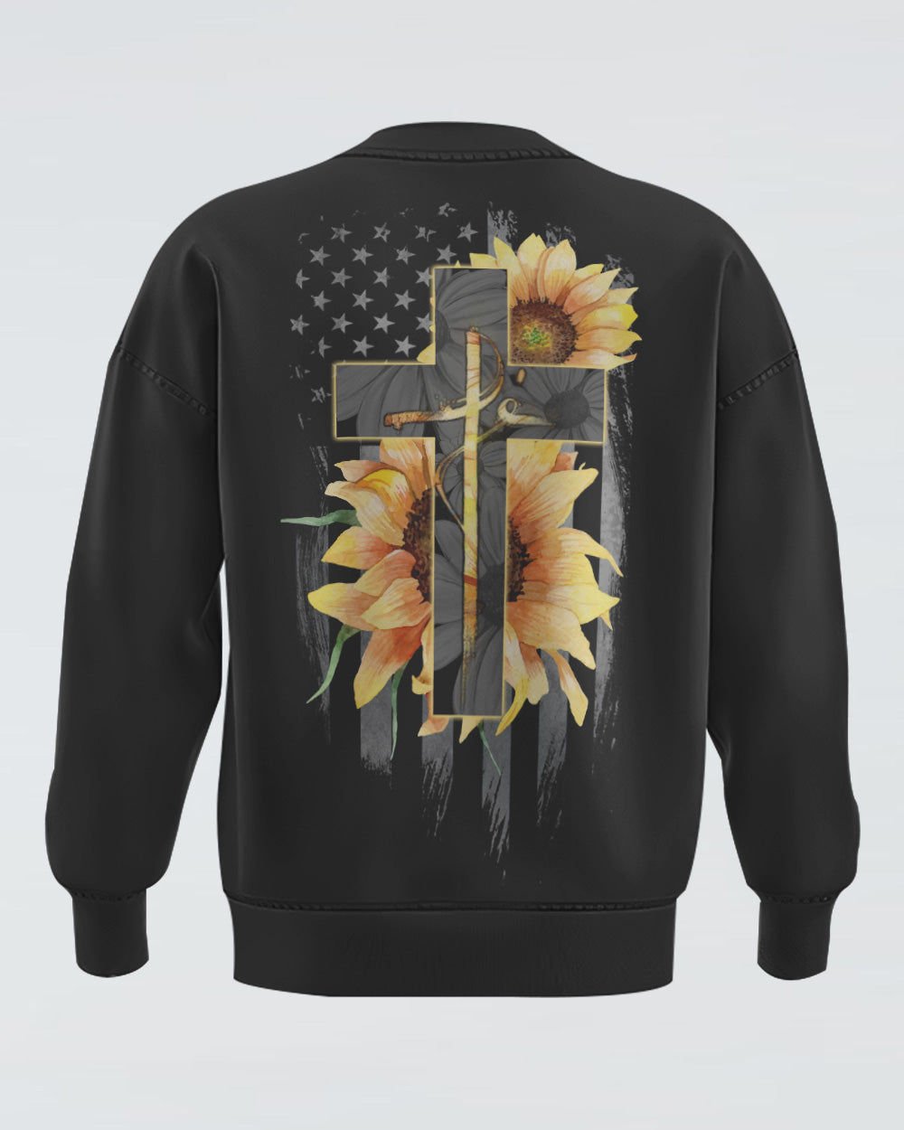 Fé Sunflower Cross American Flag Women's Christian Sweatshirt
