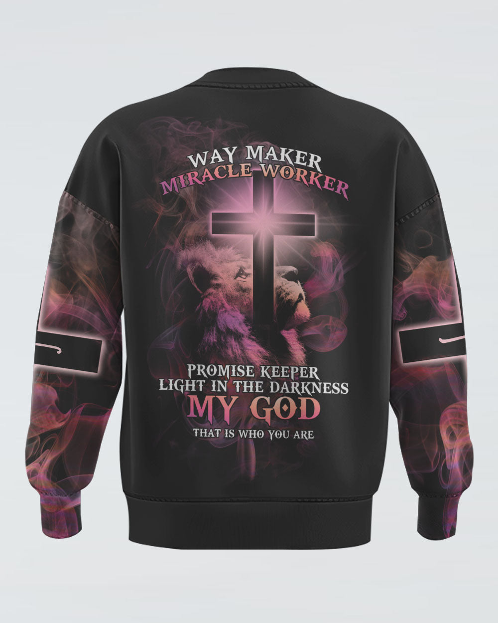 Way Maker Miracle Worker Lion Cross Pink Smoke Women's Christian Sweatshirt
