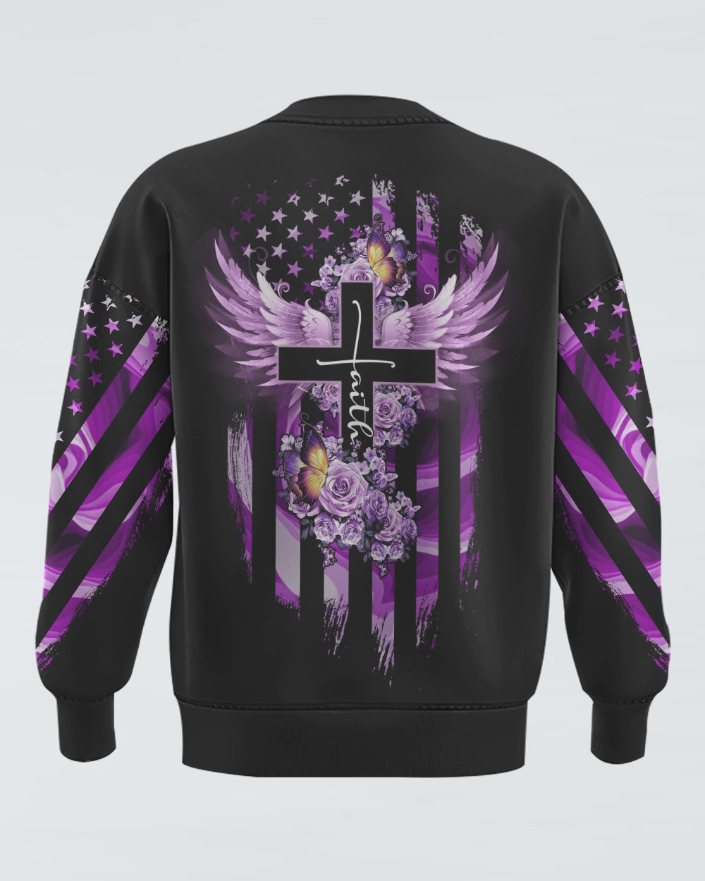 Purple Butterfly Rose Cross Faith Flag Women's Christian Sweatshirt