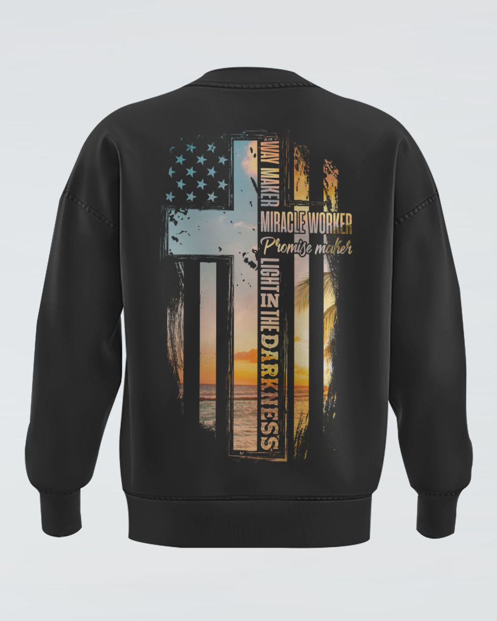 Way Maker Miracle Worker Sunset Beach Flag Half Cross Women's Christian Sweatshirt