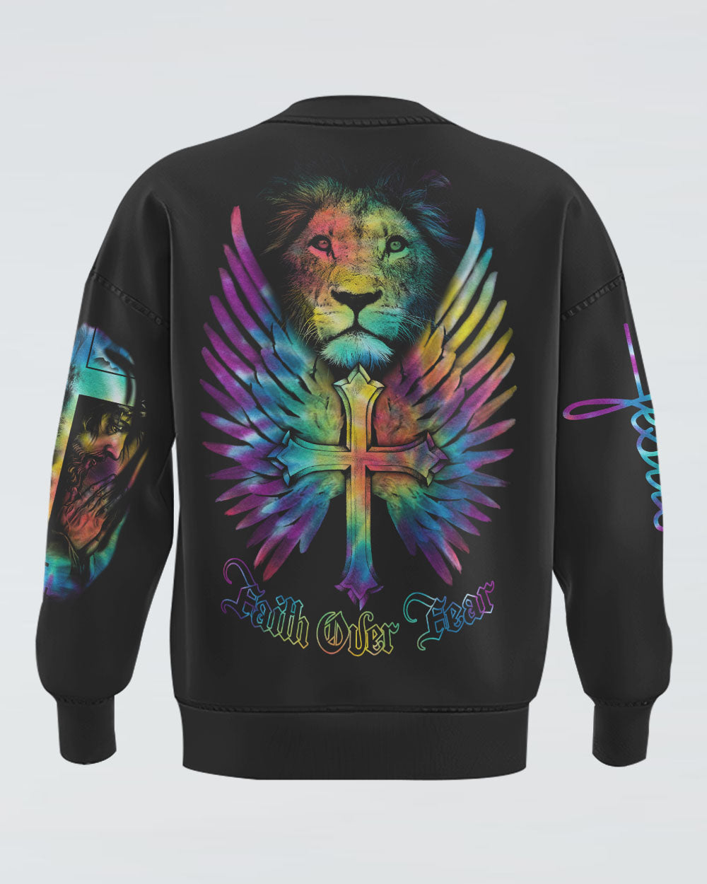 Faith Over Fear Lion Cross Colorful Women's Christian Sweatshirt