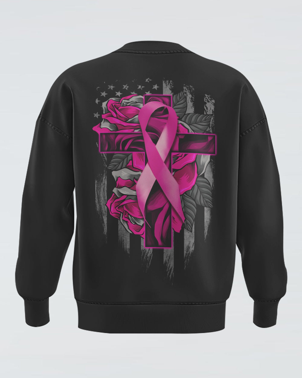 Rose With Ribbon Cross Flag Women's Breast Cancer Awareness Sweatshirt