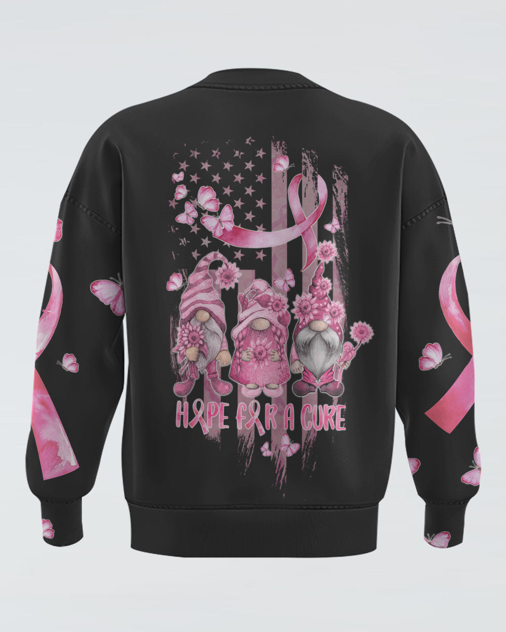 Hope For A Cure Gnome Pink Ribbons Flag Women's Breast Cancer Awareness Sweatshirt