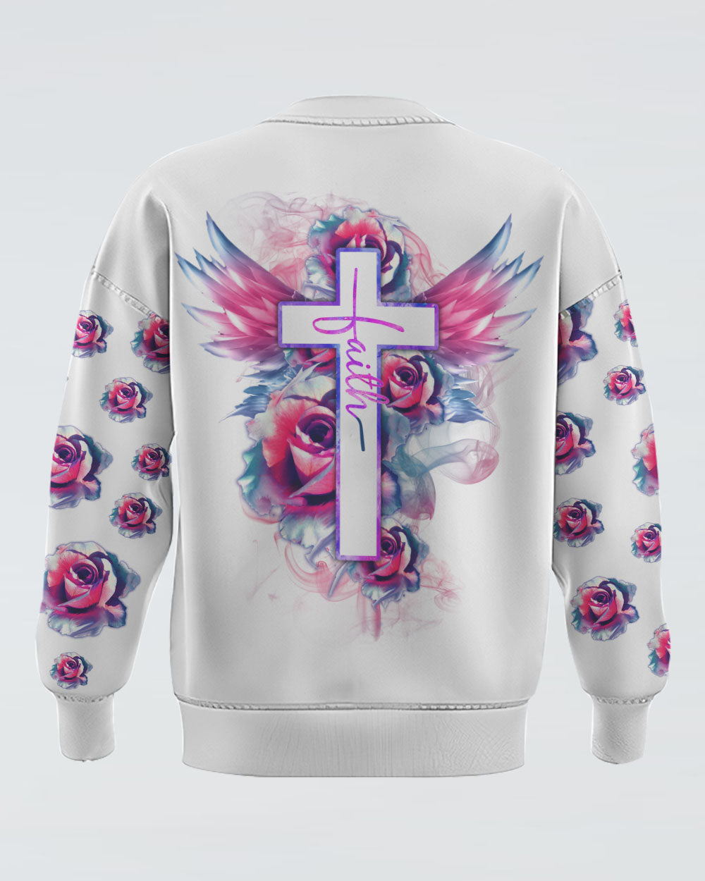 Watercolor Rose Faith Cross White Women's Christian Sweatshirt