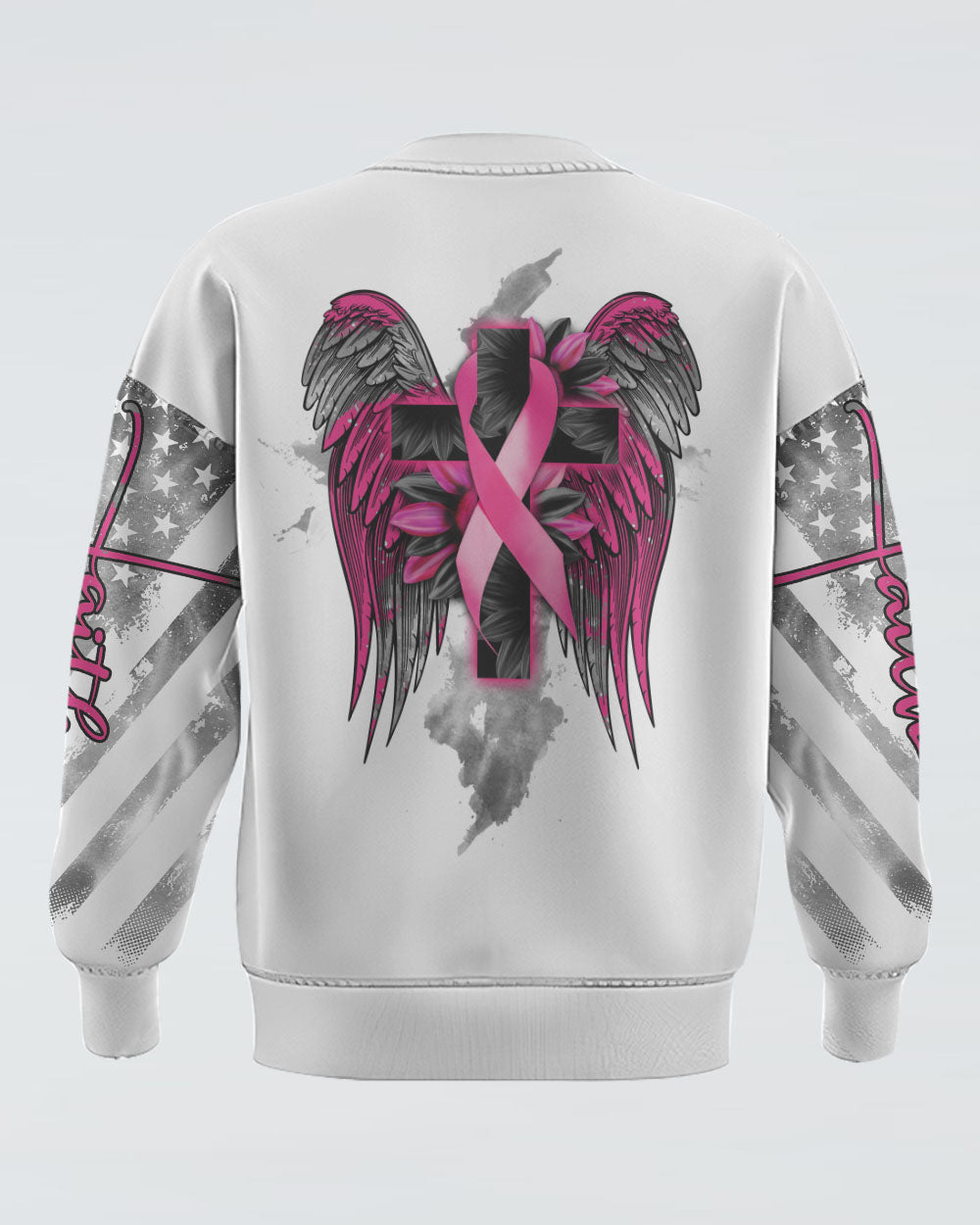 White Faith Cross Ribbon Wings Women's Breast Cancer Awareness Sweatshirt