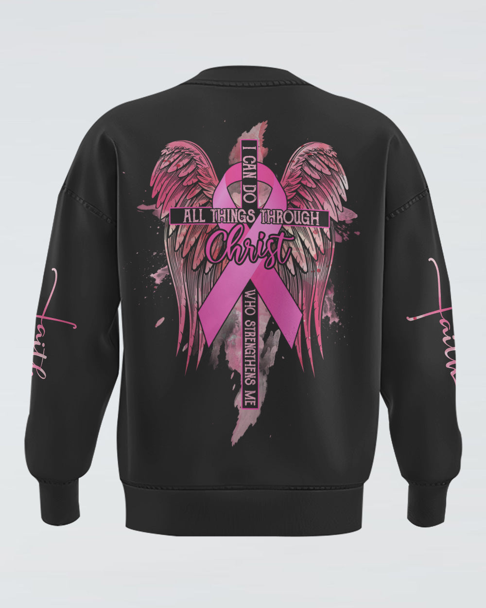 I Can Do All Things Through Christ Pink Wings Cross Ribbon Women's Breast Cancer Awareness Sweatshirt