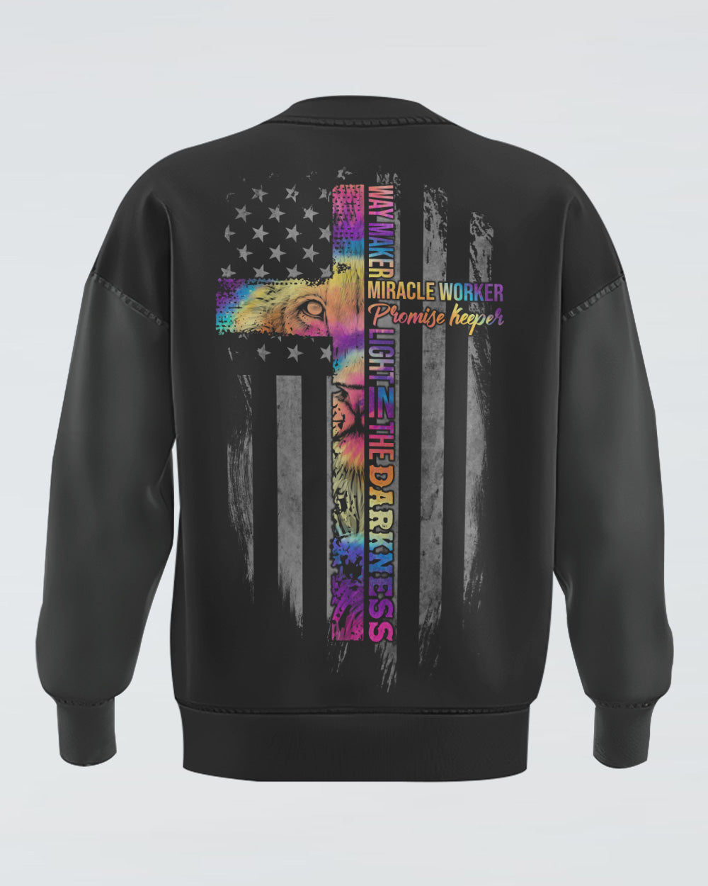 Way Maker Miracle Worker Promise Keeper Lion Cross Tie Dye Flag Women's Christian Sweatshirt