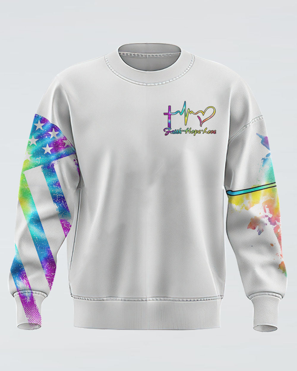 White Faith Cross Wings Colorful Watercolor Women's Christian Sweatshirt