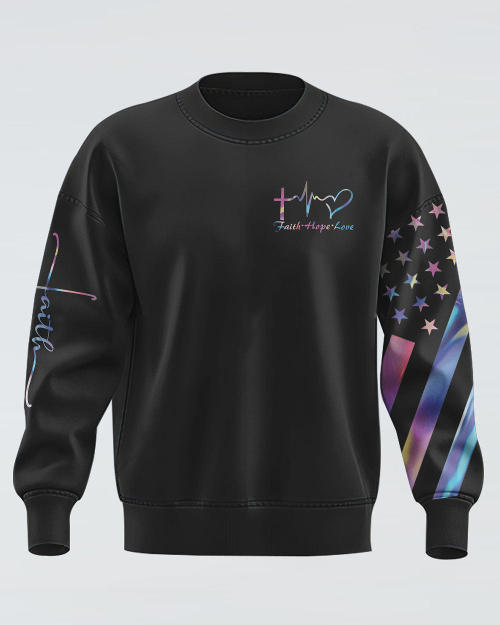 Faith Cross Wings Hologram Flag Women's Christian Sweatshirt