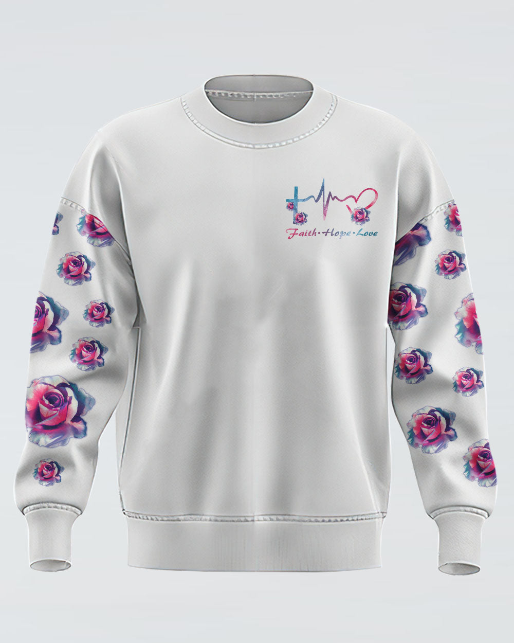 Watercolor Rose Faith Cross White Women's Christian Sweatshirt