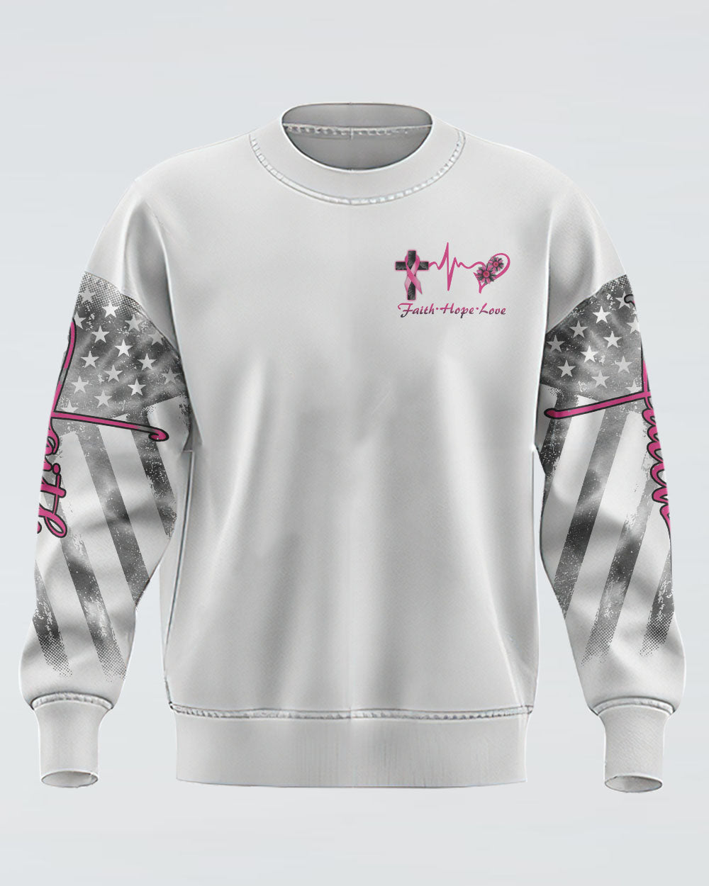 White Faith Cross Ribbon Wings Women's Breast Cancer Awareness Sweatshirt