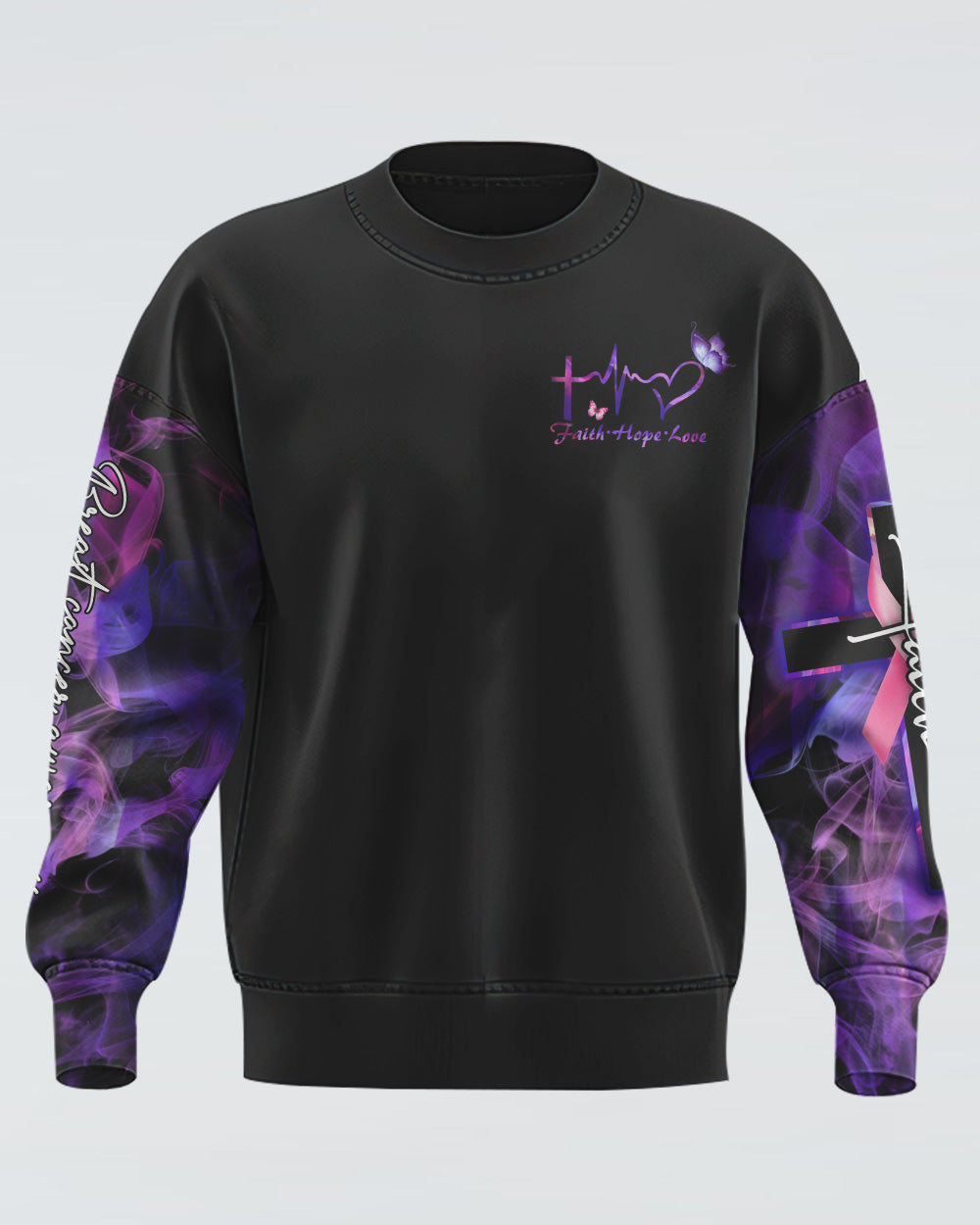Faith Fire Heart Butterfly Smoke Women's Breast Cancer Awareness Sweatshirt
