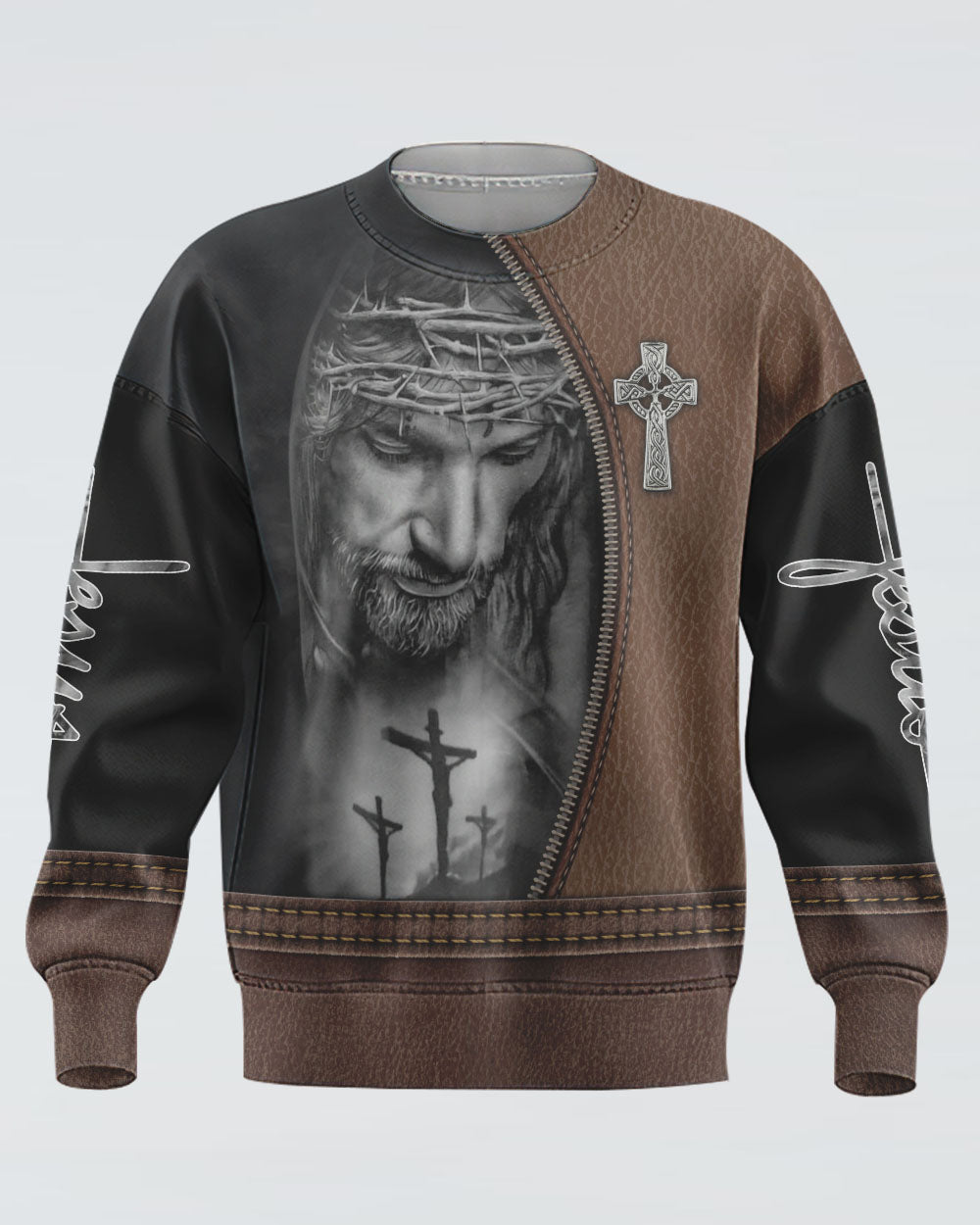 Faith Over Fear Jesus Cross Leather Men's Christian Sweatshirt