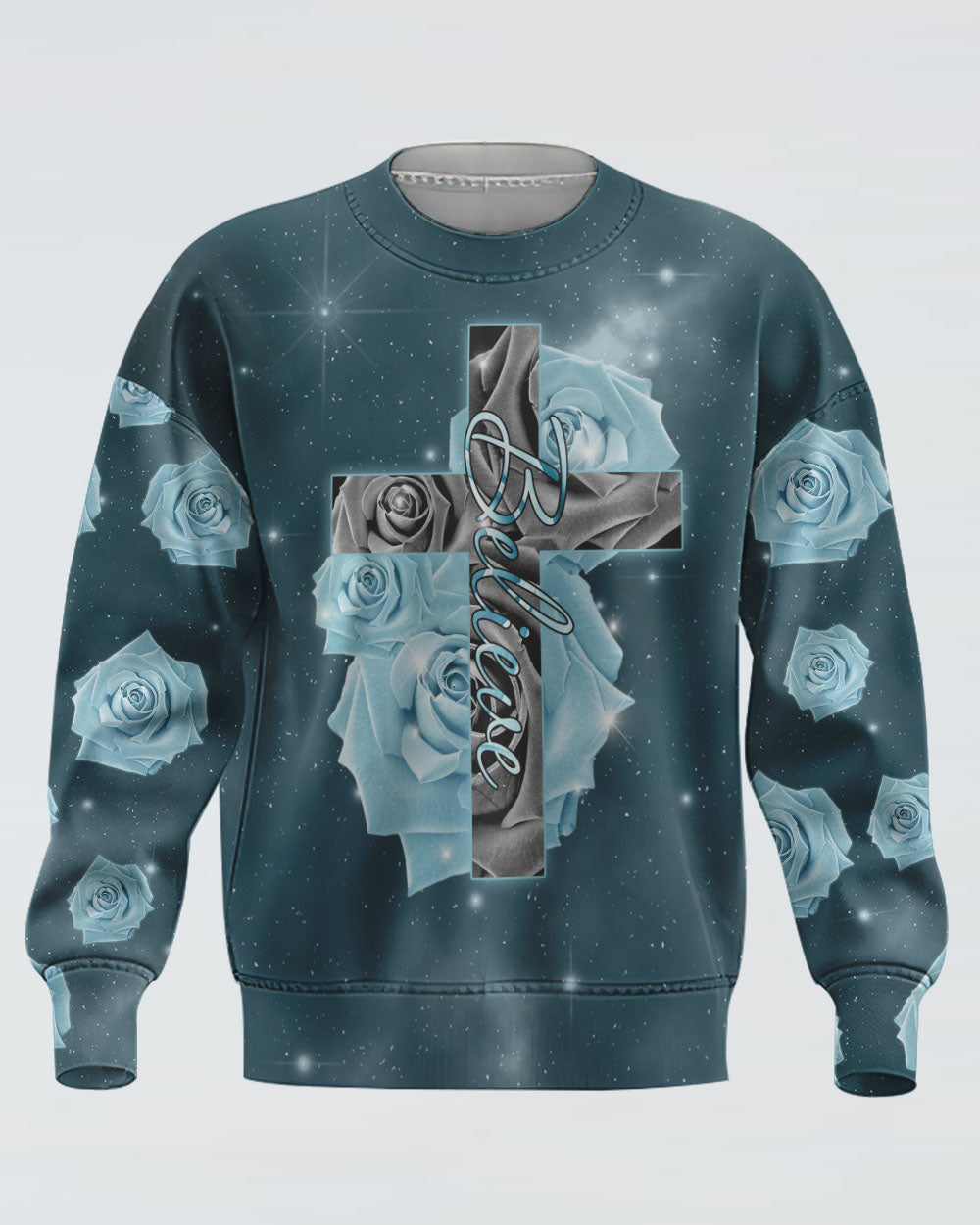 Believe Cross Blue Rose Women's Christian Sweatshirt