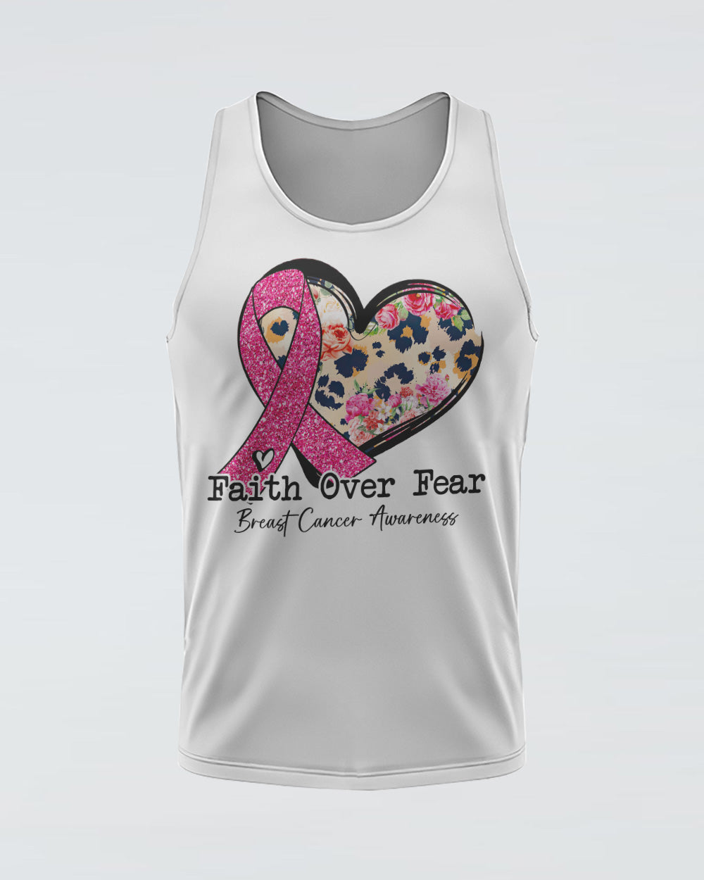 Faith Over Fear Heart Leopard Women's Breast Cancer Awareness Tanks