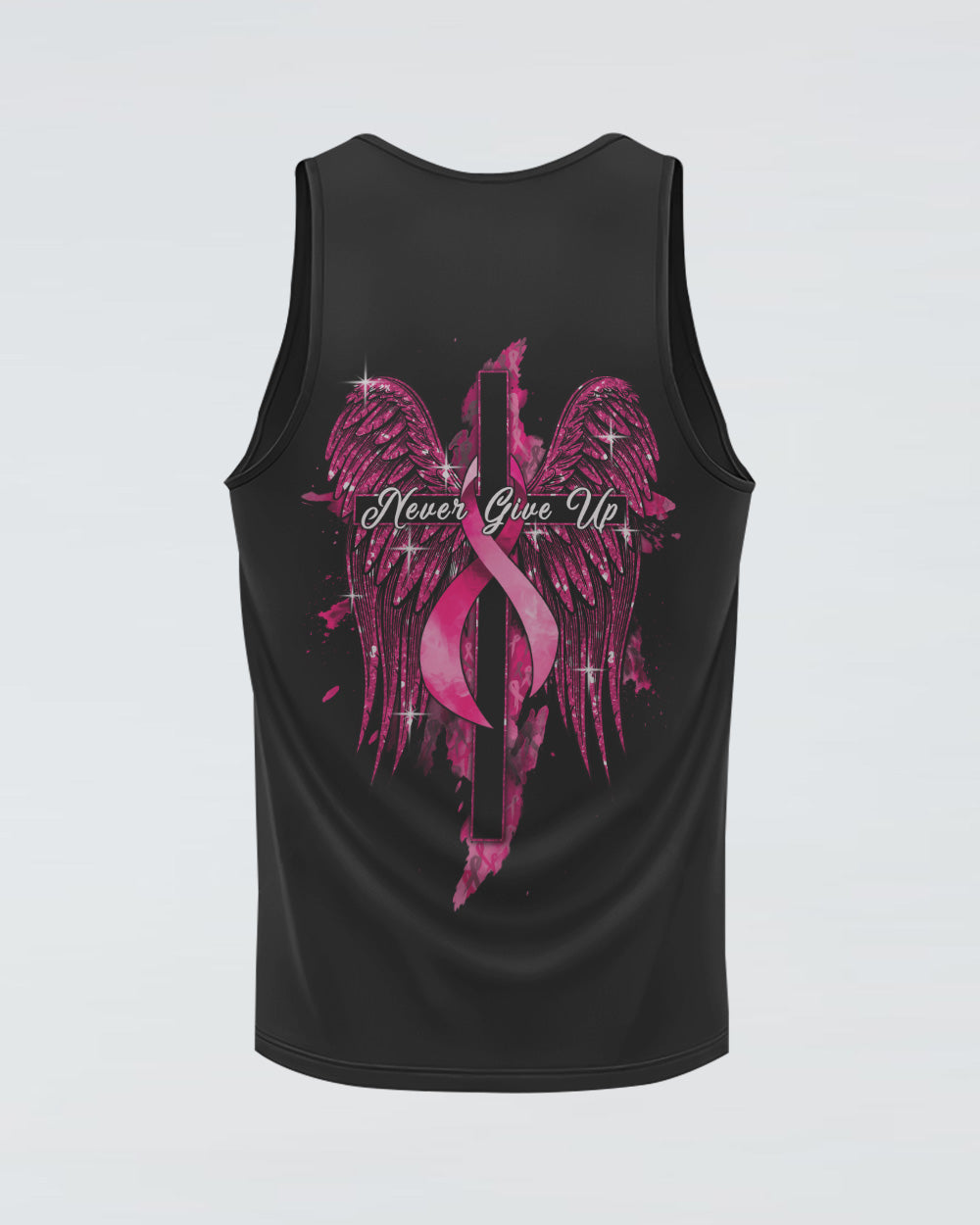 Never Give Up Glitter Wings Women's Breast Cancer Awareness Tanks