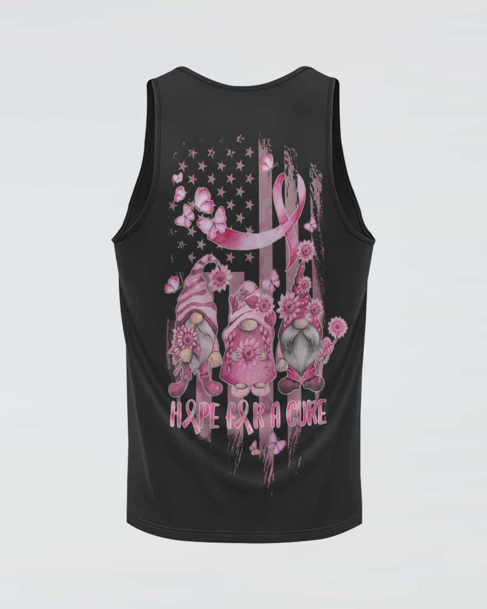 Hope For A Cure Gnome Pink Ribbons Flag Women's Breast Cancer Awareness Tanks