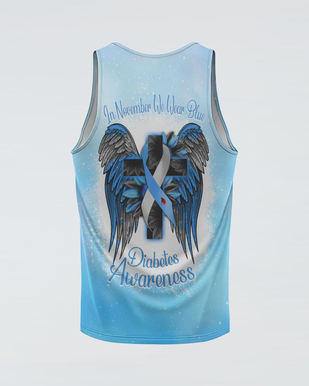 In November We Wear Blue Wings Sunflower Cross Bleached Women's Diabetes Awareness Tanks