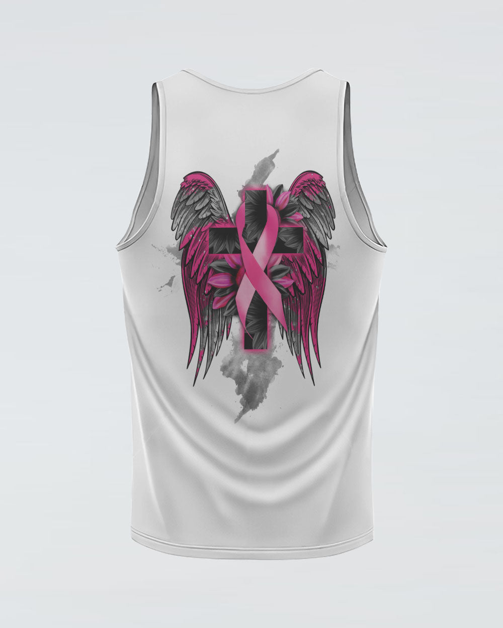 White Faith Cross Ribbon Wings Women's Breast Cancer Awareness Tanks