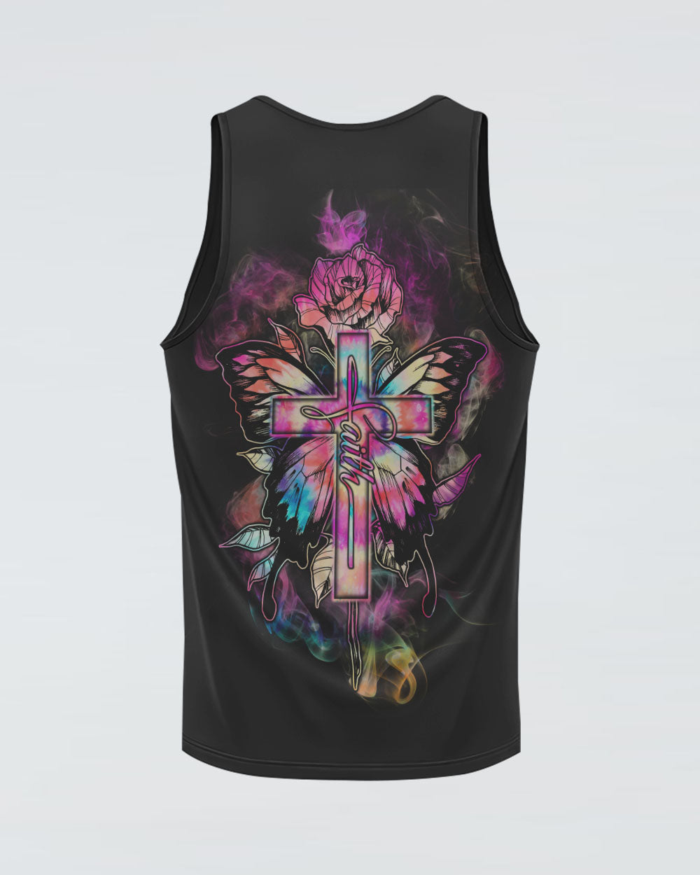 Tie Dye Butterfly Cross Faith With Rose Women's Christian Tanks