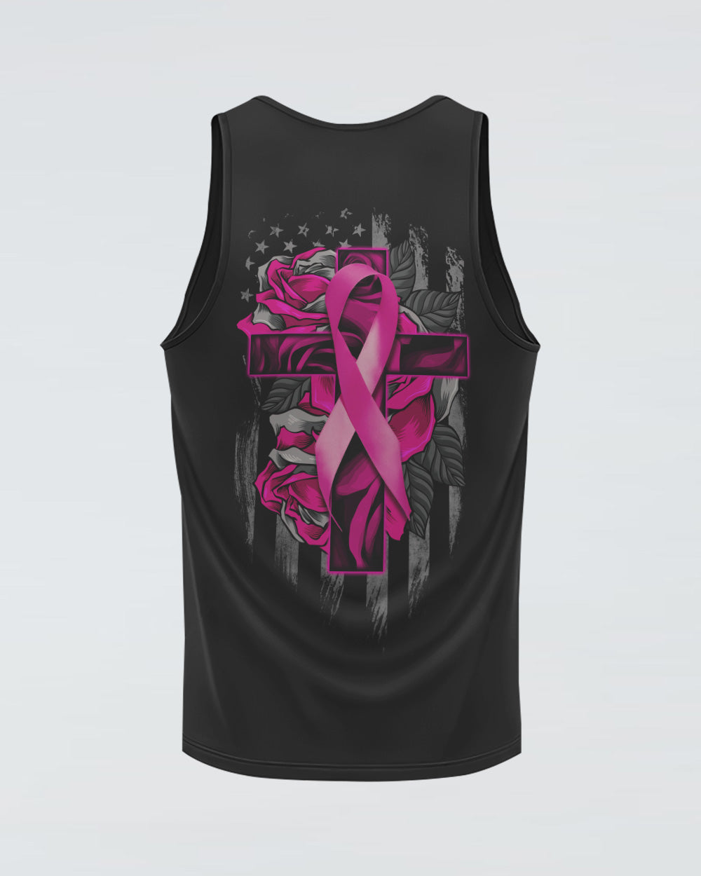 Rose With Ribbon Cross Flag Women's Breast Cancer Awareness Tanks