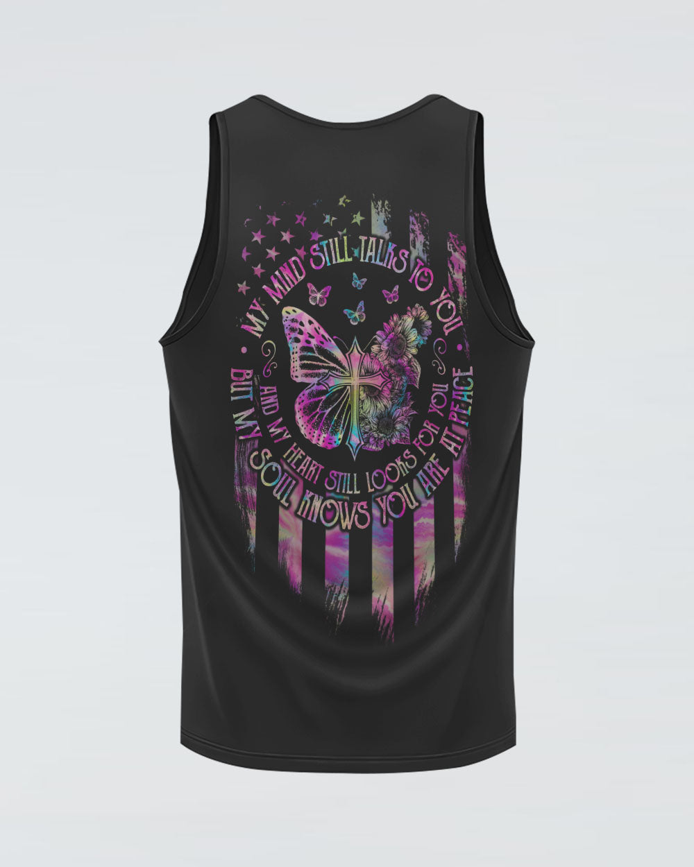 My Mind Still Talks To You Butterfly Cross Flag Women's Christian Tanks
