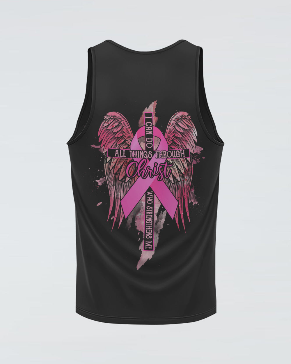I Can Do All Things Through Christ Pink Wings Cross Ribbon Women's Breast Cancer Awareness Tanks