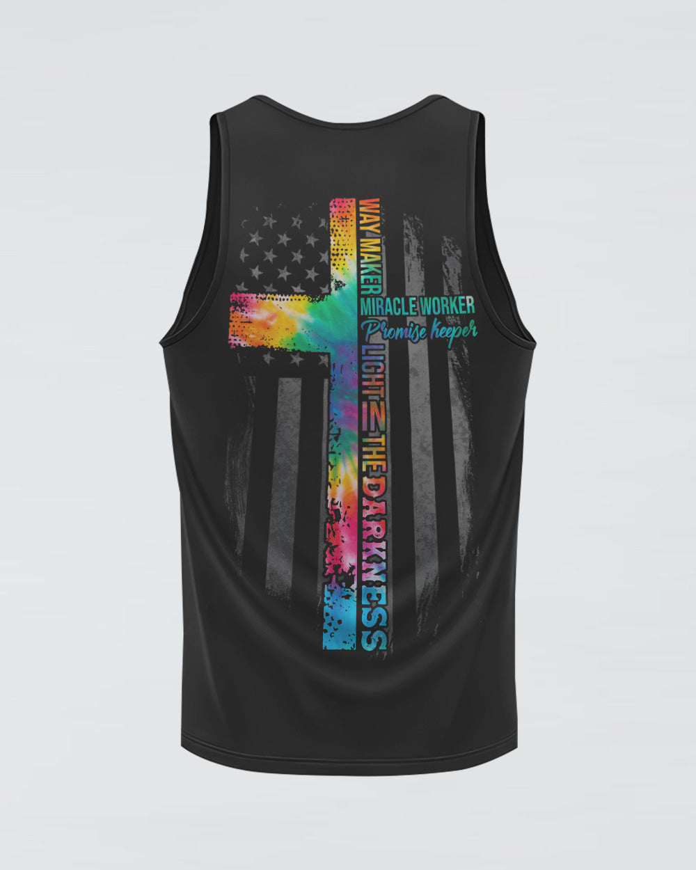 Way Maker Miracle Worker Tie Dye Cross Half Text Women's Christian Tanks