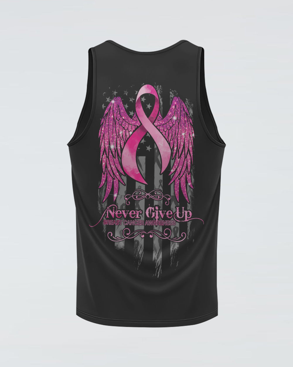 Never Give Up Glitter Wings Ribbon Women's Breast Cancer Awareness Tanks