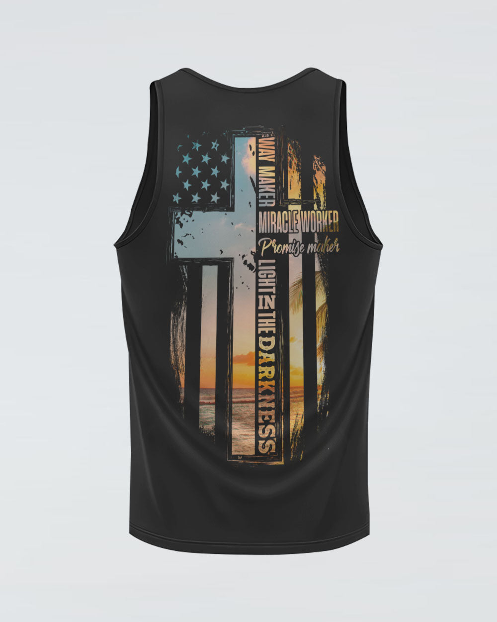 Way Maker Miracle Worker Sunset Beach Flag Half Cross Women's Christian Tanks