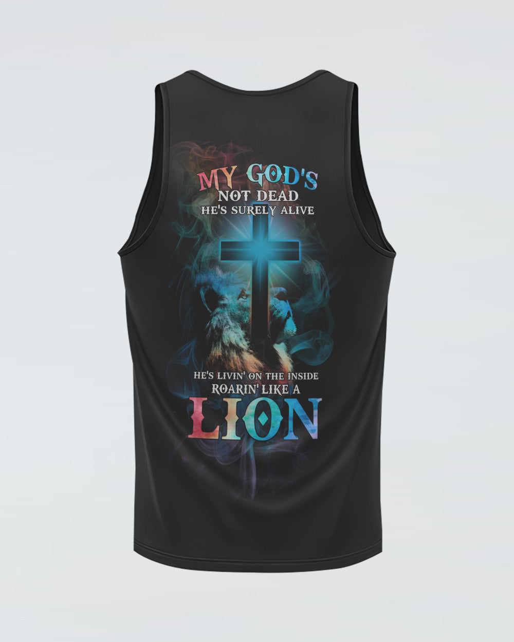 My God's Not Dead He's Surely Alive Lion Cross Light Smoke Women's Christian Tanks