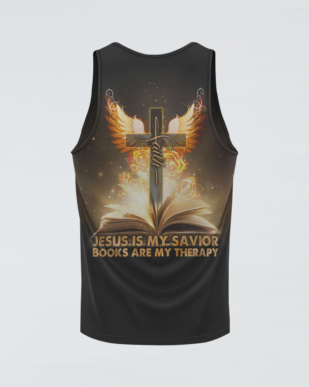 Jesus Is My Savior Books Are My Therapy Gold Faith Cross Women's Christian Tanks