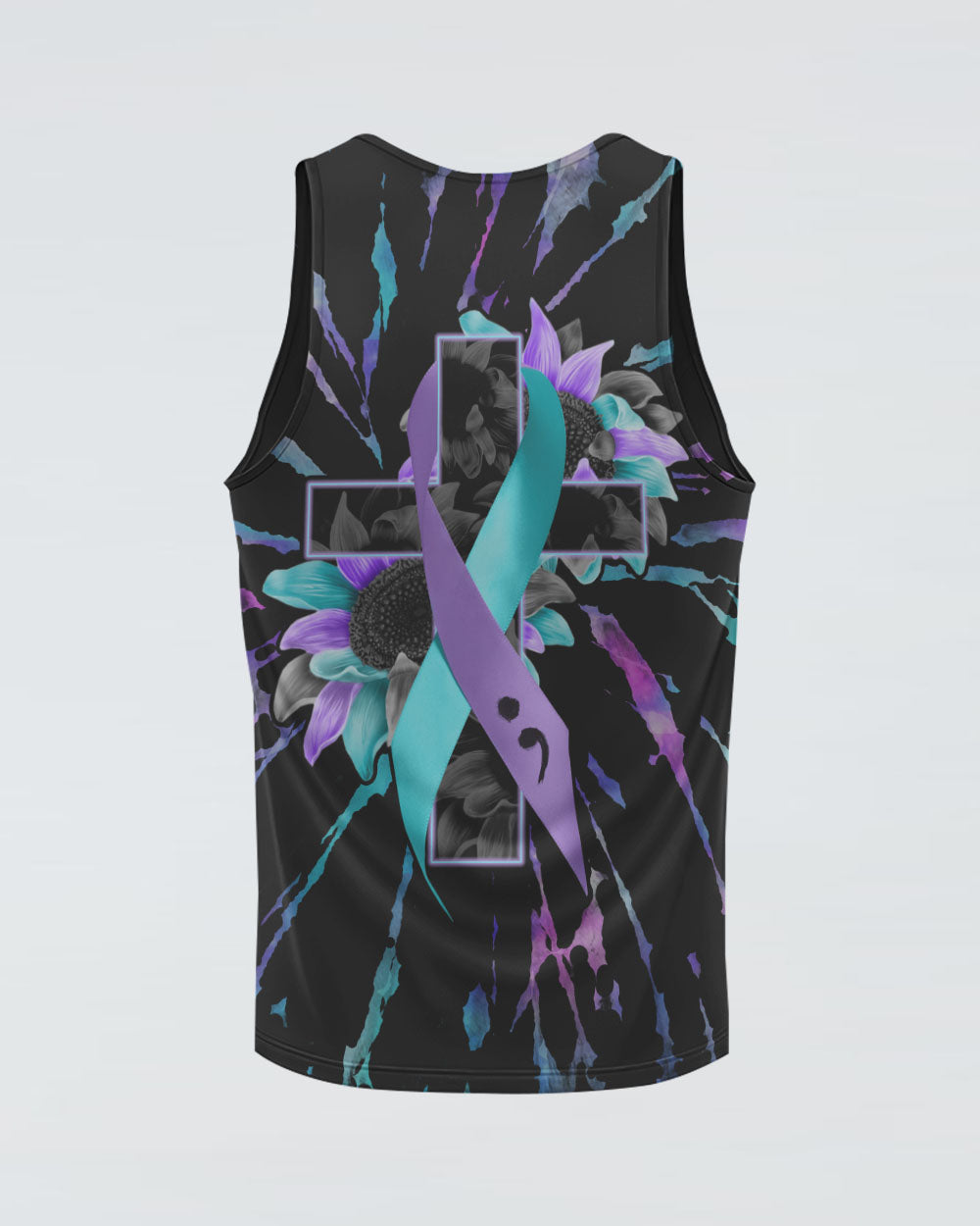 Sunflower Cross Ribbon Tie Dye Women's Suicide Prevention Awareness Tanks
