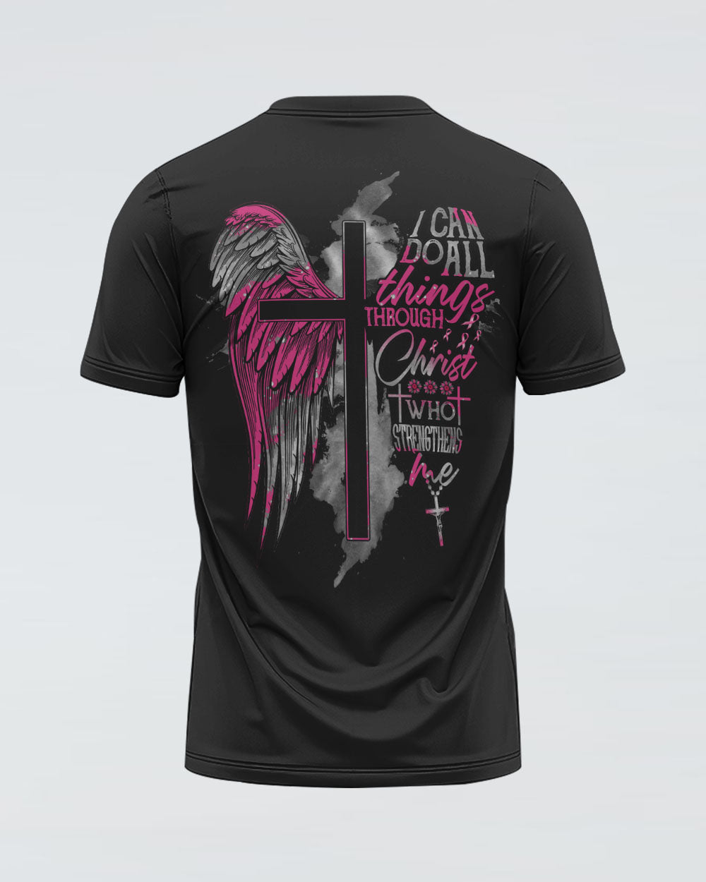 I Can Do All Things Through Christ Half Wings Cross Women's Breast Cancer Awareness Tshirt