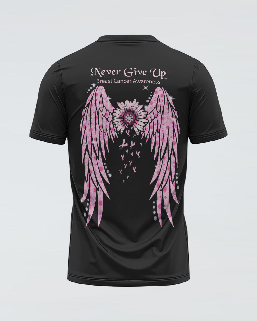 Never Give Up Pink Wings Daisy Women's Breast Cancer Awareness Tshirt