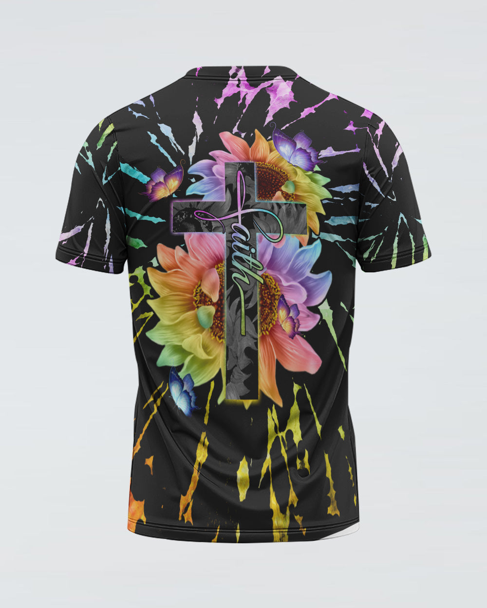 Faith Cross Rainbow Sunflower Tie Dye Women's Christian Tshirt